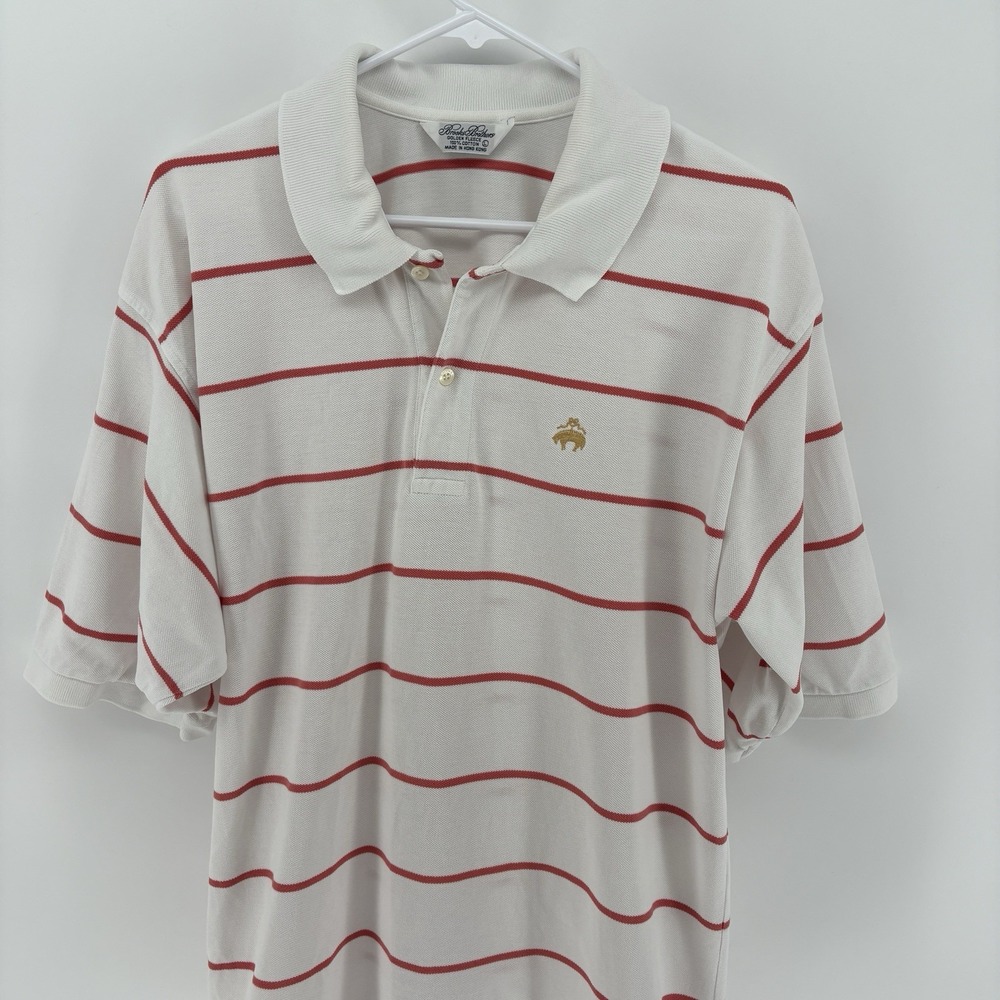 Brooks Brothers White Coral Striped Polo Shirt Golden Fleece Logo Men Large